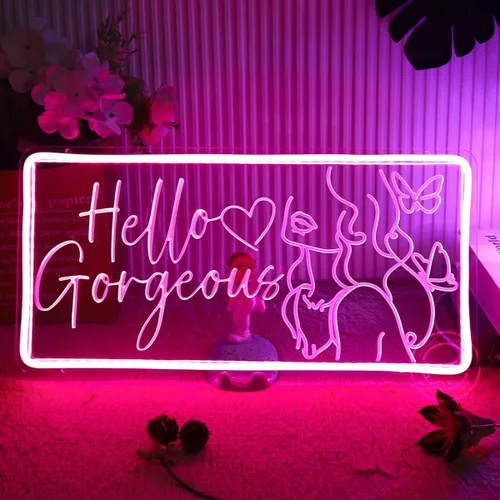 Miniatura 4 de Britrio Letrero de neón Hello Gorgeous para decoración de pared, luz de neón LED rosa, señal de pared de mariposa en forma de corazón