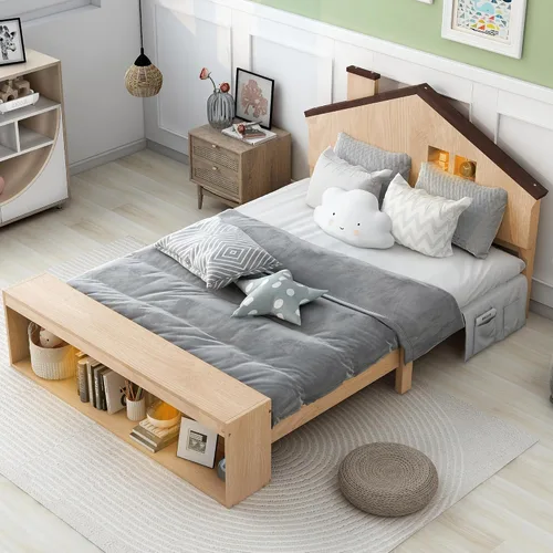 Miniatura 12 de Cama de plataforma de madera de tamaño individual con cabecera en forma de casa, soporte de listones de madera, para dormitorio de niños, niñas