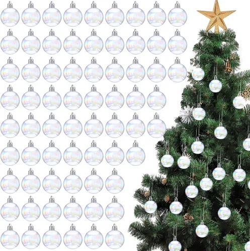 Miniatura 7 de BBTO 100 Piezas Adornos Navideños Iridiscentes Transparentes de Plástico Decoraciones de Bolas de Navidad Acrílicas Transparentes para Interiores