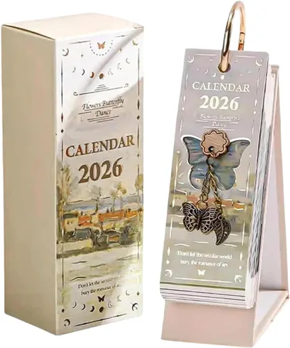 Calendario con tapa de pintura al óleo de estilo europeo vintage 2026, organizador mensual y diario con colgante de mariposa, elegante planificador