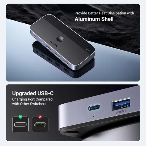 Miniatura 5 de UGREEN Conmutador USB 3.0 2 computadoras que comparten dispositivos USB C y A, conmutador USB de 4 puertos para compartir teclado y mouse