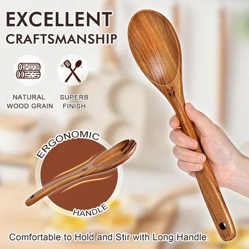 Miniatura 5 de Cucharas de madera para cocinar, 6 piezas, juego natural de utensilios de cocina de madera de teca, juego de utensilios de cocina con mango largo