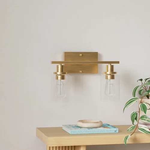 Miniatura 2 de ShineTech 2 luces de tocador doradas para baño, iluminación de pared moderna con vidrio transparente, luz de aplique de latón cepillado para espejo