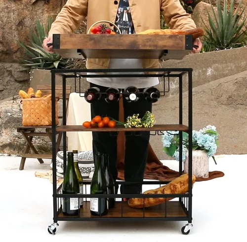 Miniatura 4 de aboxoo Carrito de bar de vino de 3 niveles grande para el hogar, estante de vino rodante con ruedas, carrito de servicio de cocina móvil
