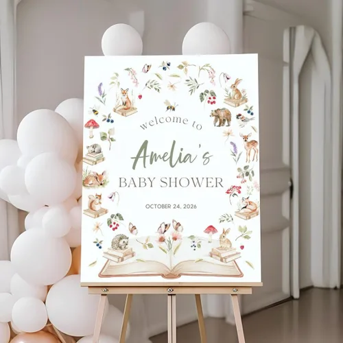Miniatura 8 de Letrero de bienvenida personalizado para baby shower, letrero de bienvenida personalizado para baby shower, diseño de animales del bosque floral