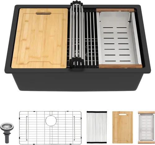 Miniatura 18 de Lordear Fregadero de Bar Empotrado de Granito Compuesto de 18 Pulgadas 18"x18" Fregaderos de Cocina de Cuarzo Compuesto Negro de Un Solo Tazón Bajo