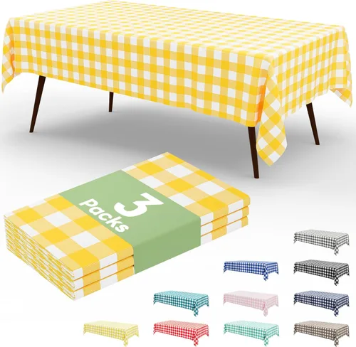 Miniatura 61 de Smiry Paquete de 3 Manteles Desechables de Cuadros Gingham Color Caqui - 54" x 72" Mantel de Plástico de Servicio Pesado, Cubiertas de Mesa