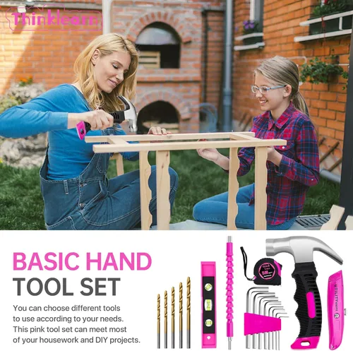 Miniatura 8 de Juego de taladro inalámbrico rosa de 8V, kit de herramientas de taladro Pink Power de 64 piezas para mujeres, juego de destornillador eléctrico