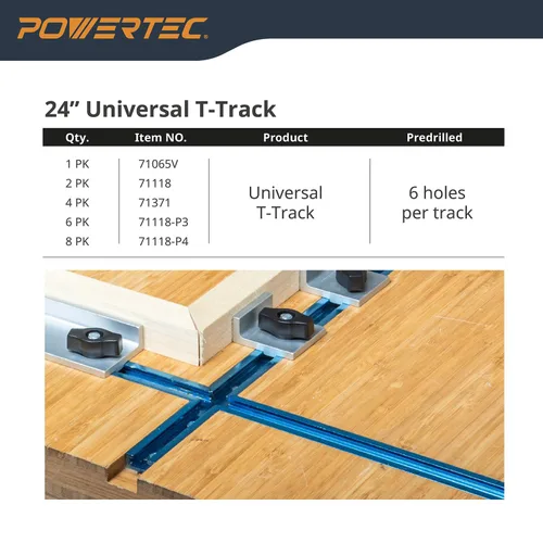 Miniatura 8 de POWERTEC 71118-P3, paquete de 6, pista en T universal de perfil de doble corte de 24 pulgadas con agujeros de montaje preperforados, pista en T