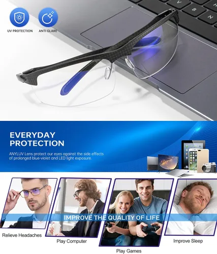 Miniatura 4 de ANYLUV Gafas de luz azul para hombre, lentes de bloqueo de luz azul, templo de fibra de carbono, gafas de computadora para juegos, antifatiga ocular