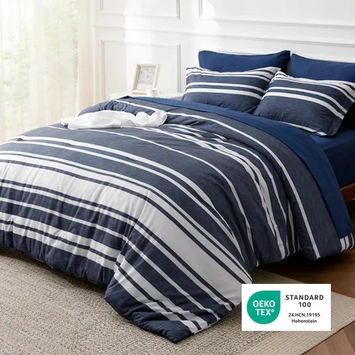 Miniatura 3 de Bedsure Juego de ropa de cama con edredón tamaño individual de 5 piezas, juego de ropa de cama a rayas azules para todas las estaciones, reversible