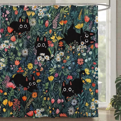Miniatura 10 de Cortina de Ducha Divertida de Gato Lindo Divertido Árbol de Gato de Dibujos Animados Cortinas de Ducha para Baño Boho Anime Gatitos Niños Granja