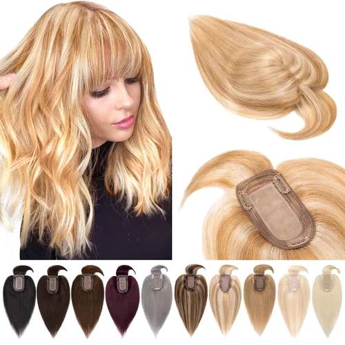 Miniatura 10 de SEGOHAIR Toppers de cabello humano real con flequillo, 2.8 x 5.1 in, base de seda con clip, piezas superiores de Wiglet añaden volumen, 6 pulgadas