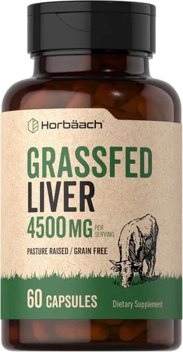 Horbäach Hígado de res alimentado con pasto | 4500 mg | 60 cápsulas | Desecado, criado en pasto, sin granos, suplemento sin OMG