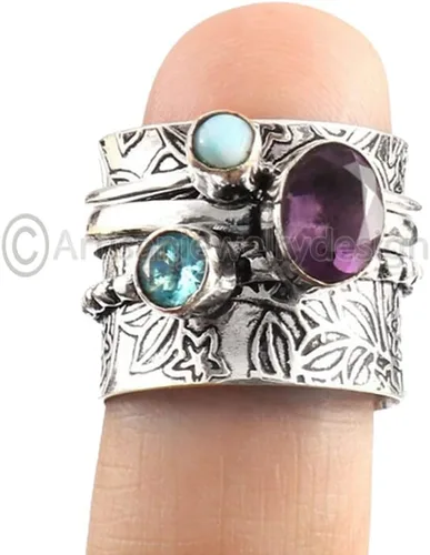 Miniatura 2 de Amethyst Spinner Ring for Women, Handmade 925 Sterling Silver Jewelry, Blue Topaz & Larimar Gemstone Fidget Ring, Wide Band Statement Design