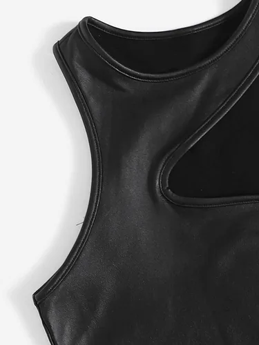Miniatura 4 de SheIn Camiseta corta sin mangas asimétrica de piel sintética con cuello redondo para mujer
