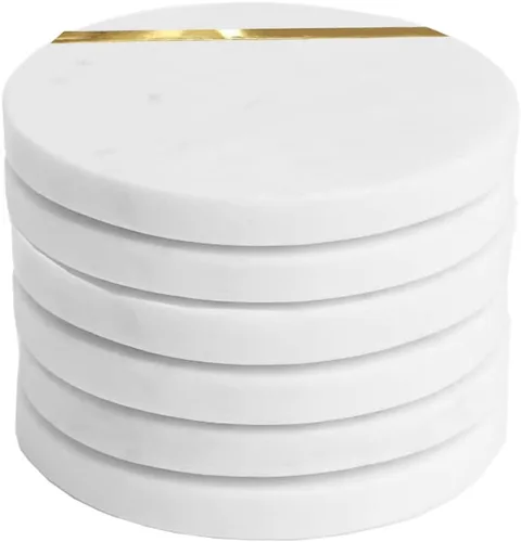 Lukeville Luxury Linen Juego de 6 posavasos de mármol blanco – 4 pulgadas – Posavasos de cerámica para tazas, vidrio y bebidas, hecho a mano con