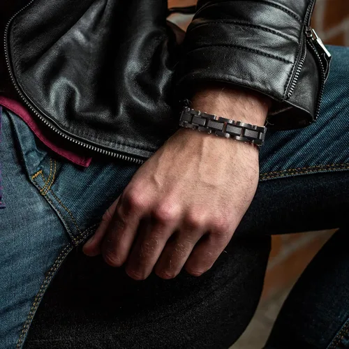 Miniatura 4 de Hombres Pulsera de acero inoxidable hombres pulsera negra Enlace diamante plata pulsera partículas azules joyería hombres cadena cajas de regalo