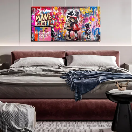 Miniatura 7 de CIRABKY Arte de pared de graffiti, colorido arte de pared de Banksy, impresión de niña con beso de niño, 20 x 40 pulgadas