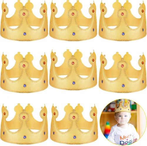 Miniatura 8 de Honoson 8 piezas de corona de rey para niños, sombrero de corona de rey de tela, coronas doradas para niños, niños, disfraz de cumpleaños de bebé