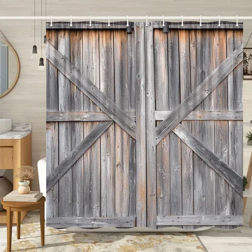 Miniatura 15 de Cortina de ducha de puerta de granero de madera rústica, 60 x 70 pulgadas, beige