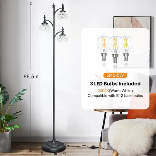 Miniatura 5 de JUNNAI Lámpara de pie negra para sala de estar, lámpara de pie alta, regulable, con 3 luces giratorias, pantalla de cristal, lámpara de esquina Negro