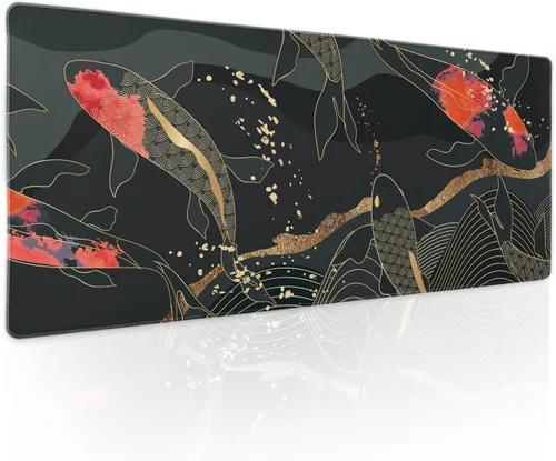 Alfombrilla de mouse para juegos XL japonesa en negro y rojo con arte de peces koi, textura dorada, anime, borde cosido, base de goma antideslizante