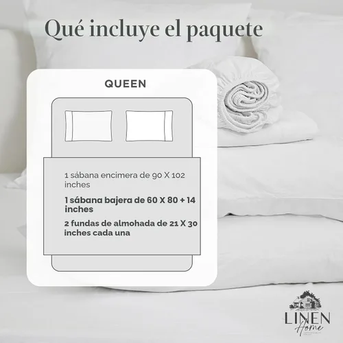 Miniatura 6 de Juego de sábanas de percal de algodón lavado Linen Home, tamaño Queen, blanco, preencogido, 4 piezas - 1 sábana encimera, 1 sábana bajera