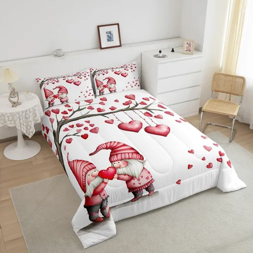 Miniatura 4 de Juego de edredón para el día de San Valentín, tamaño individual, ropa de cama romántica de gnomo para niños y niñas, pareja, con corazón rojo