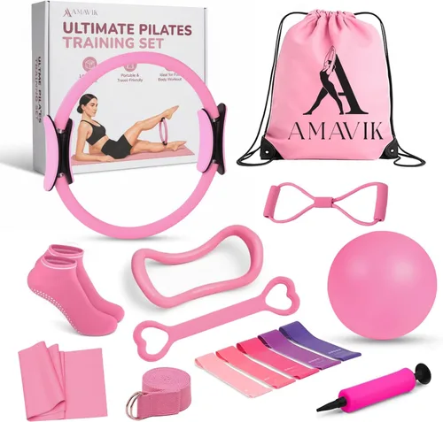 AMAVIK Kit de pilates de entrenamiento en casa de 14 piezas con bandas de resistencia, entrenador de núcleo, calcetines de agarre y accesorios, un