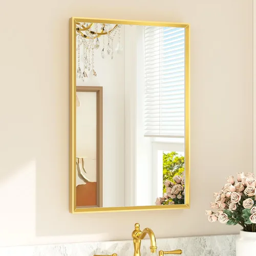 Miniatura 68 de TETOTE Espejo de Baño Dorado de 16" x 20" Latón Dorado Cepillado Rectangular con Marco Biselado Espejo de Tocador de Baño para Sobre el Lavabo