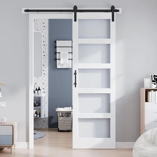 Miniatura 8 de Losa para puerta corrediza de granero de vidrio de 28 x 84 pulgadas y kit de herrajes de 5 pies incluido, 5 vidrios esmerilados, panel de madera LVL