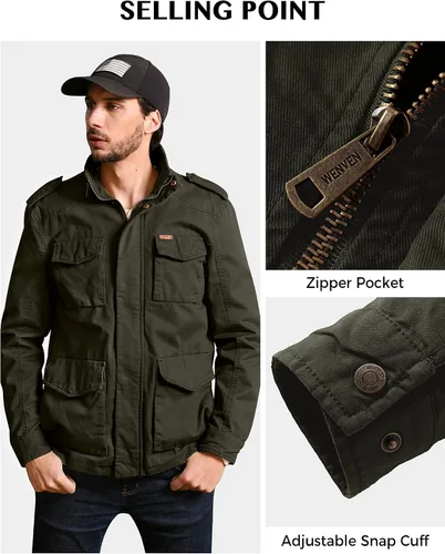 Miniatura 6 de WenVen Chaqueta ligera de estilo militar para hombre, rompevientos de algodón de sarga