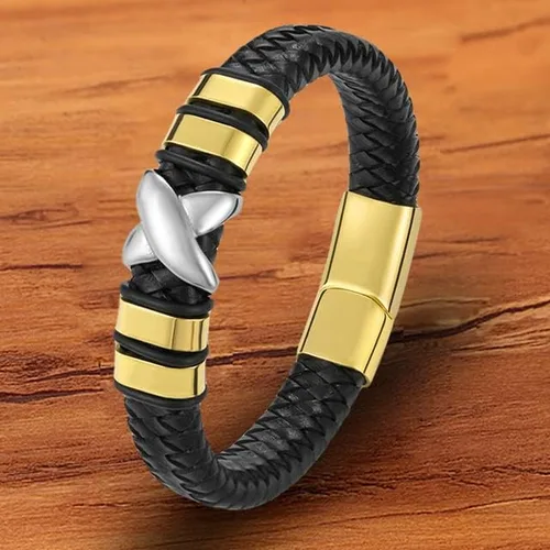 TTNDstore 10081 - Pulsera de cuero genuino para hombre color dorado trenzado accesorios
