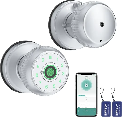 Miniatura 8 de BIWIBON Pomo de puerta inteligente 5 en 1, perilla de puerta de huellas dactilares con control de aplicación, cerradura inteligente de puerta