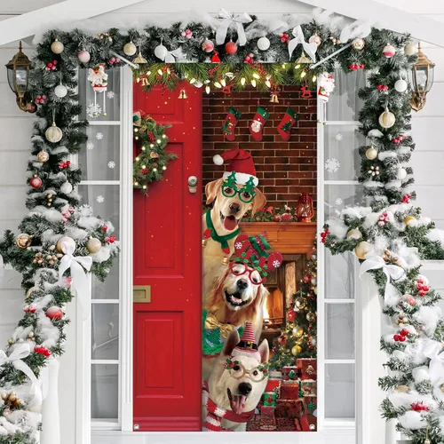 Tiamon Decoración de Cubierta de Puerta de Navidad Divertida Cubierta de Puerta de Feliz Navidad Telón de Fondo Lindo de Perro de Papá Noel para