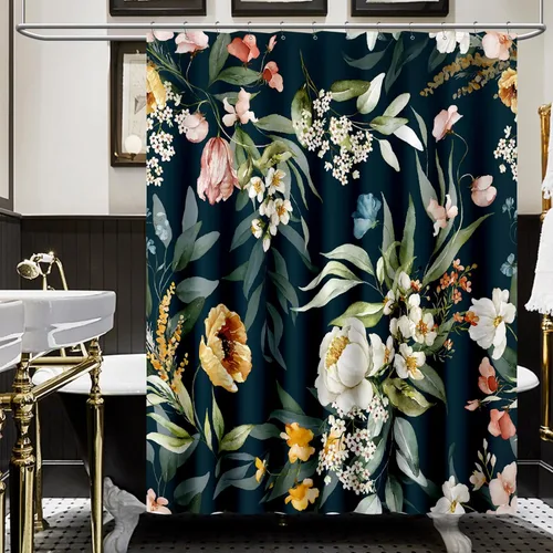 Amaredom Cortina de ducha floral negra, cortina de ducha de flores coloridas para baño, juego de cortina de ducha de tela impermeable con 12
