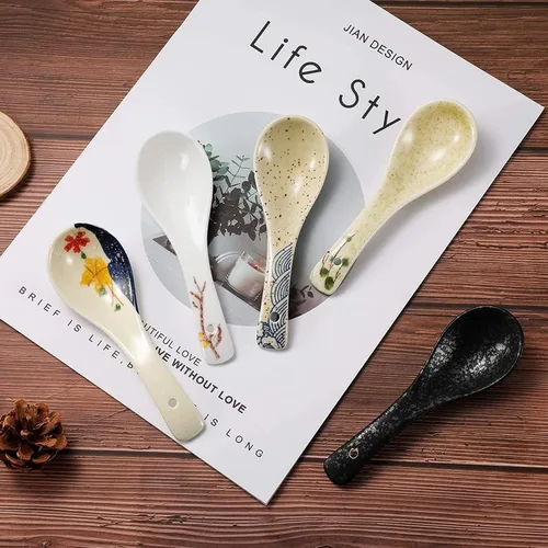 Miniatura 4 de 6 Piezas de Cucharas de Sopa de Cerámica Japonesa Retro, Cucharas de Sopa Asiáticas, Cucharas de Arroz de Estilo Japonés, Cubiertos Planos, Cucharas