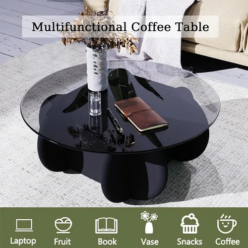 Miniatura 5 de Mesa de Centro con Tapa de Vidrio Negro, Mesa de Centro Redonda Moderna y Elegante con Patas de Madera Maciza y Superficie de Vidrio Templado