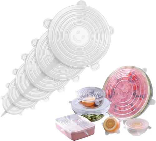 JIGUOOR Tapas elásticas de silicona, paquete de 6 tapas de silicona reutilizables, fundas de silicona duraderas para almacenamiento de alimentos