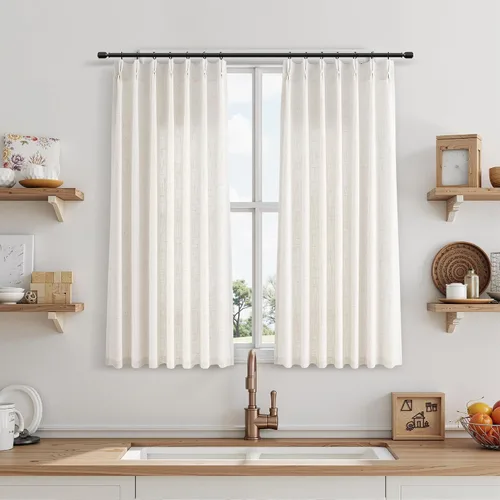 Miniatura 60 de Juego de 2 paneles de cortinas de ventana de cocina beige de 24 pulgadas de largo, con textura de lino, plisadas, filtrantes de luz, semi pequeñas