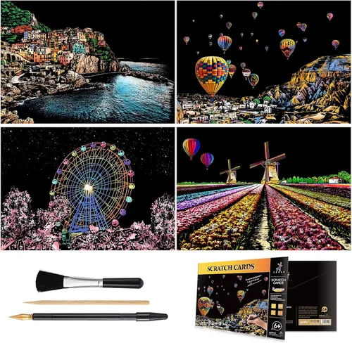 Miniatura 11 de M MUGIT - Papel de pintura para rascar arcoíris (A4) para adultos y niños, tablero de rascar con vista nocturna DIY, juego de arte de grabado: 4