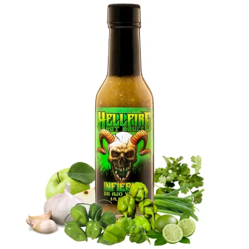Hellfire Hot Sauce Infierno De Ajo Verde - Salsa Verde de ajo Gourmet Salsa picante con pimientos verdes Carolina Reaper, 5 onzas
