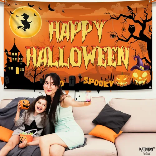 Miniatura 5 de KatchOn Pancarta espeluznante de Feliz Halloween, extragrande, 72 x 44 pulgadas, telón de fondo naranja de fotos de Halloween para decoraciones