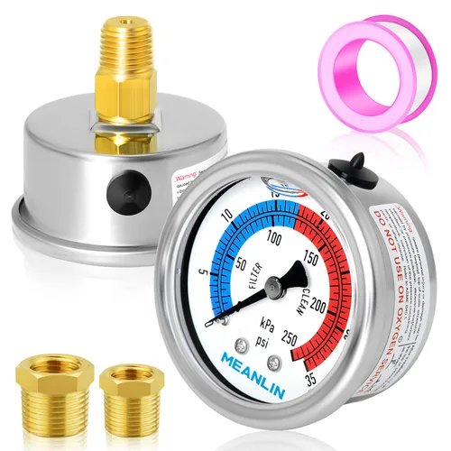 MEANLIN MEASURE 1/4" NPT 0-35psi Manómetro de presión, 2" Dial Filtro de piscina lleno de glicerina, carcasa de acero inoxidable 304, montaje