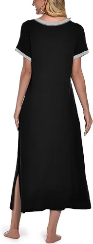 Miniatura 5 de PrinStory Camisón de manga corta para mujer, con cuello en V, suave, ropa de dormir informal con bolsillos