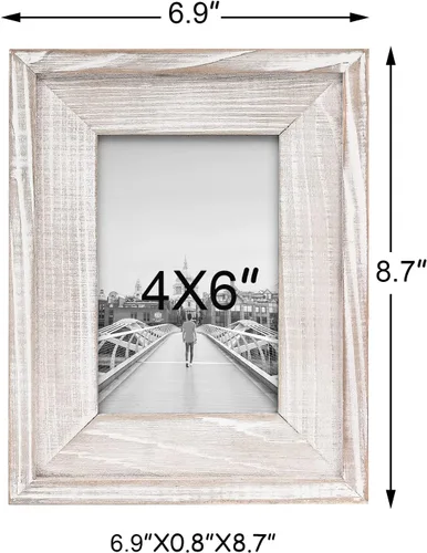 Miniatura 2 de Juego de 2 marcos de fotos de madera rústica de 4 x 6 pulgadas, marco de fotos de madera maciza con vidrio real, montaje en pared o mesa