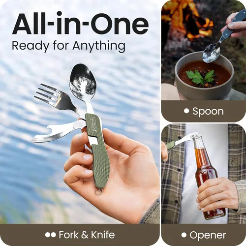 Miniatura 2 de Orblue Utensilios de comida 4 en 1, paquete de 2 – Cuchara portátil, tenedor, cuchillo y abridor de botellas, cubiertos de acero inoxidable