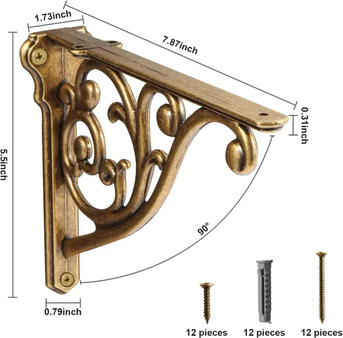 Miniatura 2 de Soportes de estante de 8 pulgadas, paquete de 4 soportes de pared de latón antiguo de alta resistencia, estantes decorativos de cocina victoriana