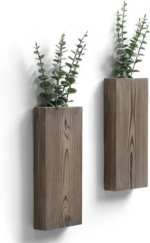 GRID FORTE Juego de 2 macetas de pared de madera de nogal oscuro, bolsillo de pared para vegetación y flores secas, decoración de pared de granja